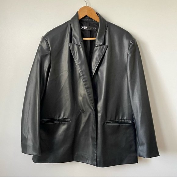 Zara  Black Faux Leather Oversized Double Breasted Blazer, Sz L - Picture 7 of 16